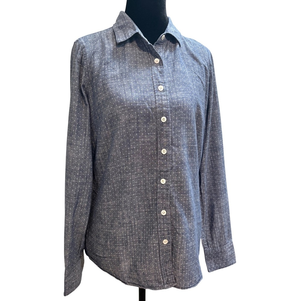 J.Crew Button Top Women Size 6 Blue Chambray White Polka Dot Cotton Shirt Casual